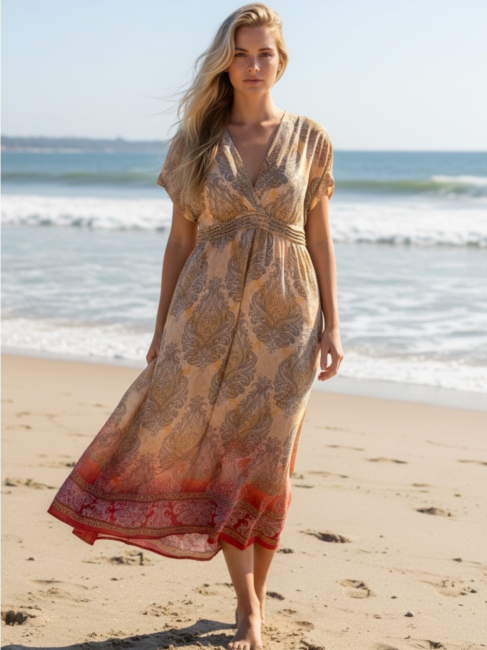 Emma James Paisley V-Neck Maxi Dress in Tan and Red Accent size 16